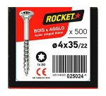Vis Rocket tête fraisée étoile acier zingué, filetage partiel Ø 4 x L 35/22 mm - Boîte de 500