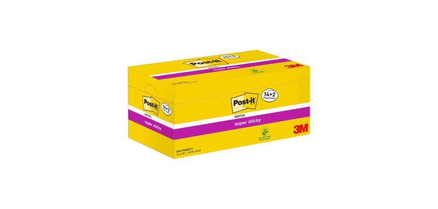 Post-it Super Sticky Notes 76 x 76 mm Canary Yellow 90 Sheets Value Pack 14 + 2 Free