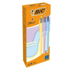 Stylo bille Bic 4 couleurs pastel monochrome rétractable pointe 1 mm - écriture moyenne - Boîte de 12 couleurs assorties