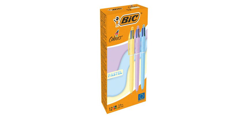 Stylo bille Bic 4 couleurs pastel monochrome rétractable pointe 1 mm - écriture moyenne - Boîte de 12 couleurs assorties