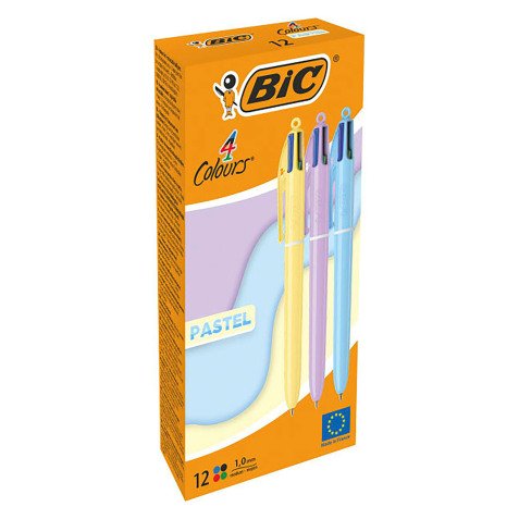 Stylo bille Bic 4 couleurs pastel monochrome rétractable pointe 1 mm - écriture moyenne - Boîte de 12 couleurs assorties