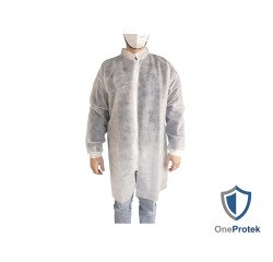 Blouse visiteur jetable blanche à zipper, fermeture éclair- Lot de 10