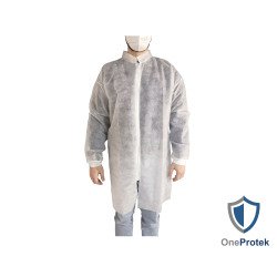 Blouse visiteur jetable blanche à zipper, fermeture éclair- Lot de 10