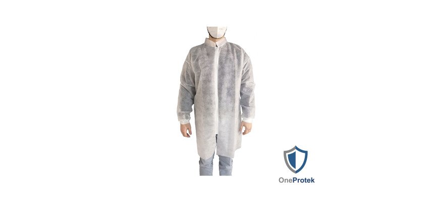 Blouse visiteur jetable blanche à zipper, fermeture éclair- Lot de 10