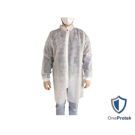 Blouse visiteur jetable blanche à zipper, fermeture éclair- Lot de 10