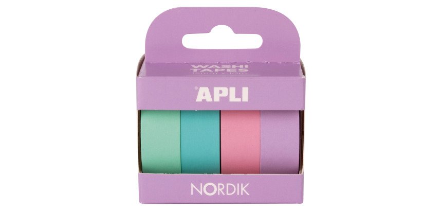 Ruban adhésif déco couleurs pastel assorties - Largeur 15 mm x Longueur 10 m - Étui de 4
