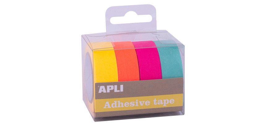 Ruban adhésif déco couleurs fluo assorties - Largeur 15 mm x longueur 10 m - Étuis de 4