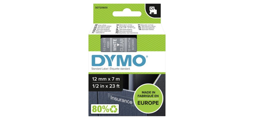 Ruban polyester Dymo D1 12 mm S0720600 transparent écriture blanche