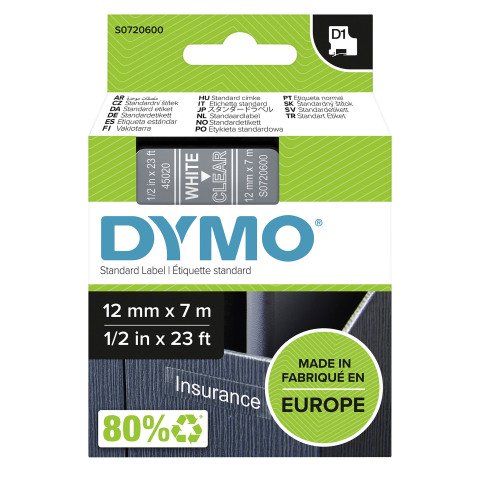 Cinta Dymo D1 12 mm x 7m escritura blanca, fondo transparente (S0720600)