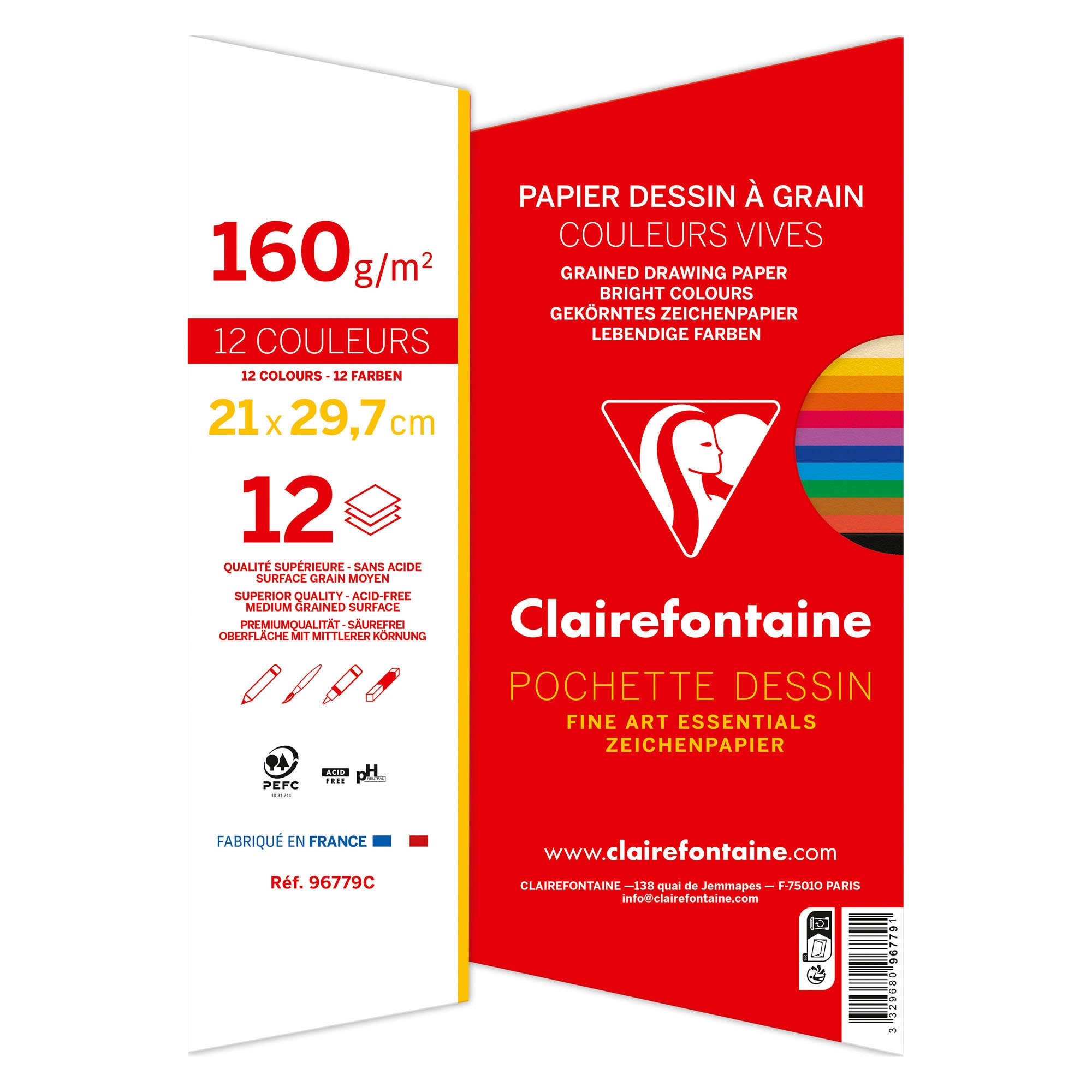 Pochette 12 feuilles papier dessin couleurs vives assorties A4 160
