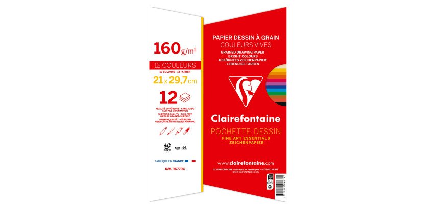 Pochette 12 feuilles papier dessin couleurs vives assorties A4 160 g