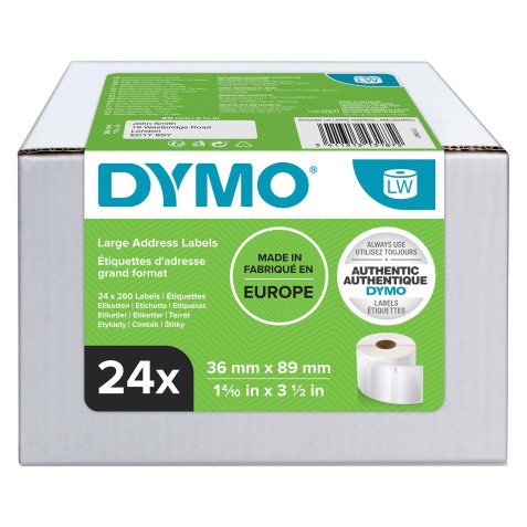 Pack 24 rouleaux d'étiquettes d'adresse 36 x 89 mm Dymo - Rouleaux de 260