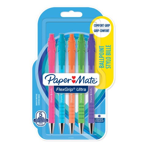 Stylo bille Papermate Flexgrip Brights rétractable pointe 1 mm - Pochette de 5