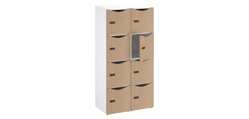 Wooden office locker, 8 compartments, white body - H 170.9 cm - melamine doors - code lock + emergency key
