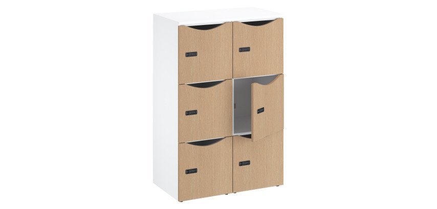 Casier de bureau bois Lockers 6 cases corps blanc 132,9  cm - portes mélaminées  - serrure à code + clé de secours