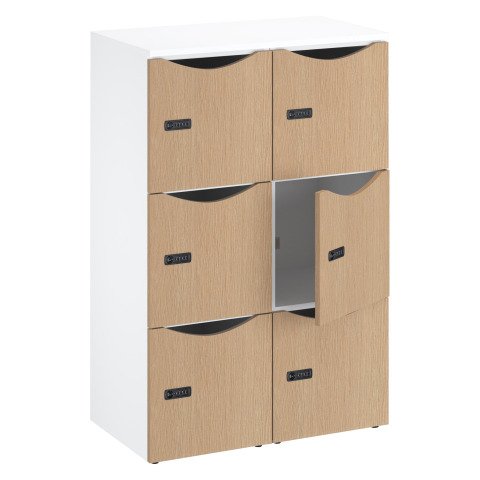 Casilleros de oficina con 6 compartimentos, cuerpo blanco de 132,9 cm - puertas de melamina roble claro