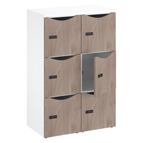 Casilleros de oficina con 6 compartimentos, cuerpo blanco de 132,9 cm - puertas de melamina olmo
