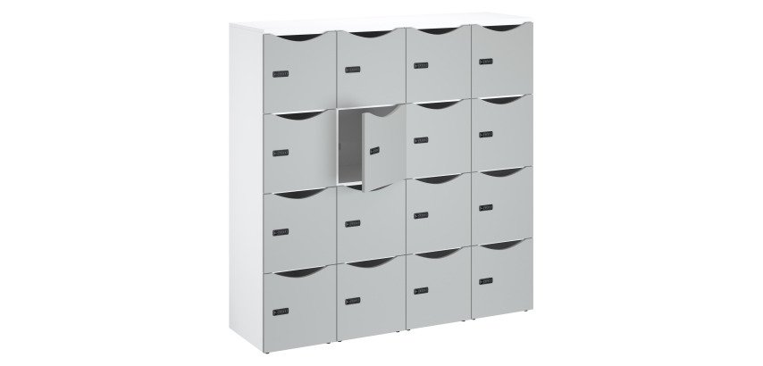 Casier de bureau bois Lockers 16 cases corps blanc - H 170,9 cm  - portes laquées - serrure à code + clé de secours