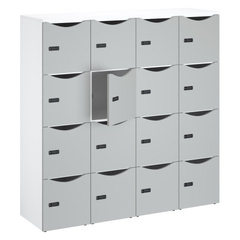 Casilleros de oficina con 16 compartimentos, cuerpo blanco - Altura 170,9 cm - puertas lacadas gris - cerradura de código + llave de repuesto