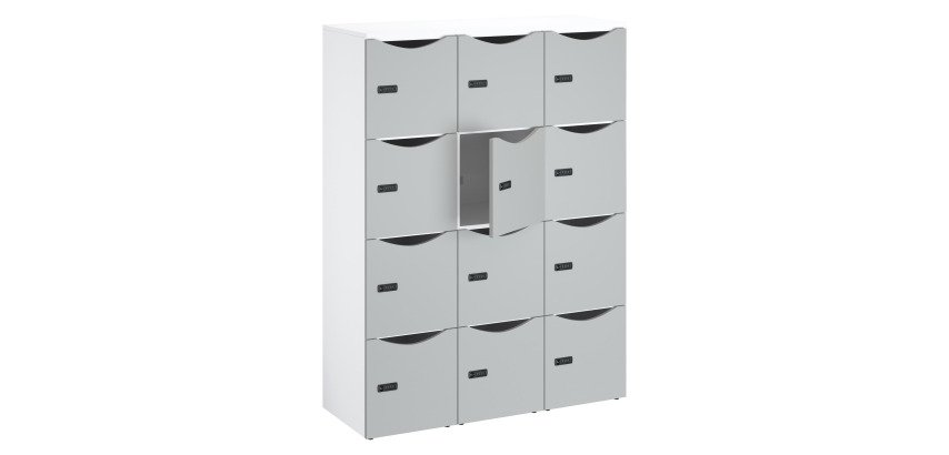 Casier de bureau bois Lockers 12 cases corps blanc H 170,9 cm porte couleurs - serrure à code + clé de secours