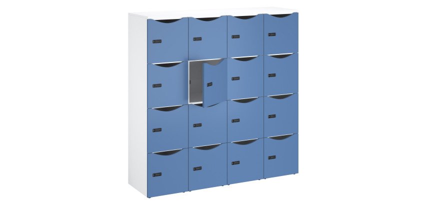 Office wooden lockers with 16 compartments, white body - H 170.9 cm - lacquered doors - code lock + emergency key