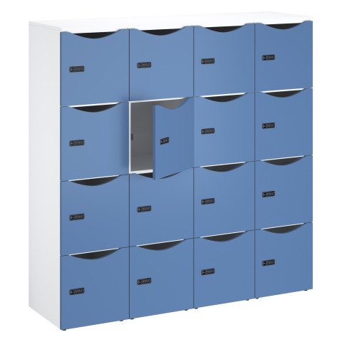 Casilleros de oficina con 16 compartimentos, cuerpo blanco - Altura 170,9 cm - puertas lacadas azul- cerradura de código + llave de repuesto