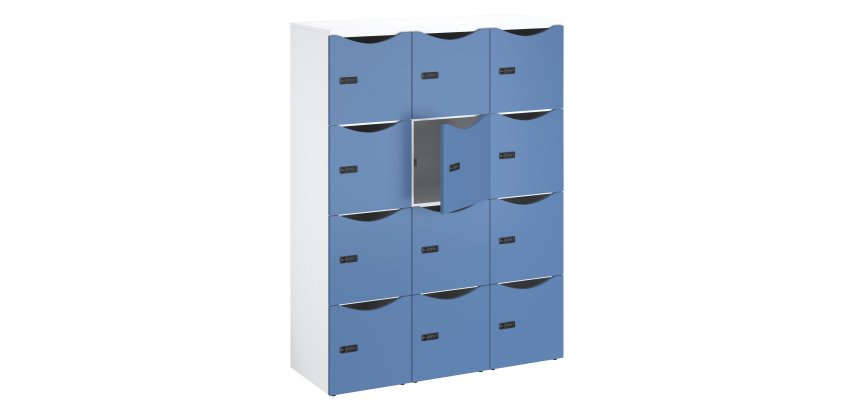 Casier de bureau bois Lockers 12 cases corps blanc H 170,9 cm porte couleurs - serrure à code + clé de secours
