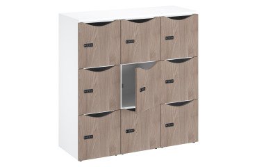Office locker cabinet 9 compartments white body - H 132.9 cm - melamine doors - code lock + emergency key