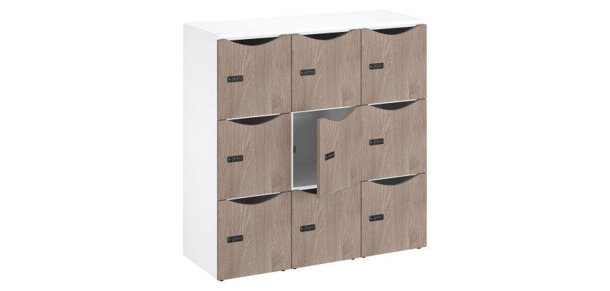 Office locker cabinet 9 compartments white body - H 132.9 cm - melamine doors - code lock + emergency key