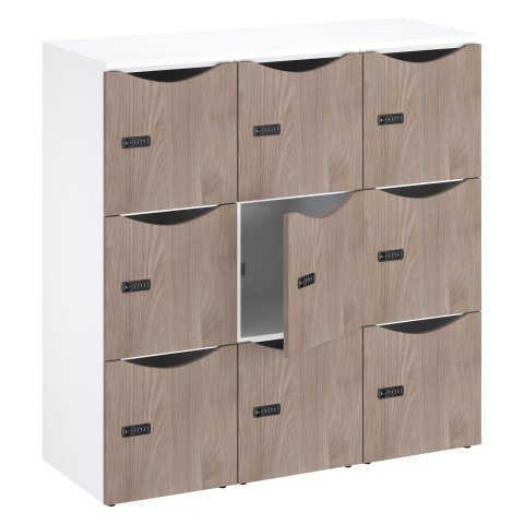 Casillero de oficina con 9 compartimentos, cuerpo blanco - Altura 132,9 cm - puertas de melamina Olmo