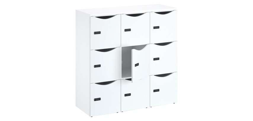 Casier de bureau bois Lockers 9 cases corps blanc - H 132,9  cm - portes mélaminées - serrure à code + clé de secours