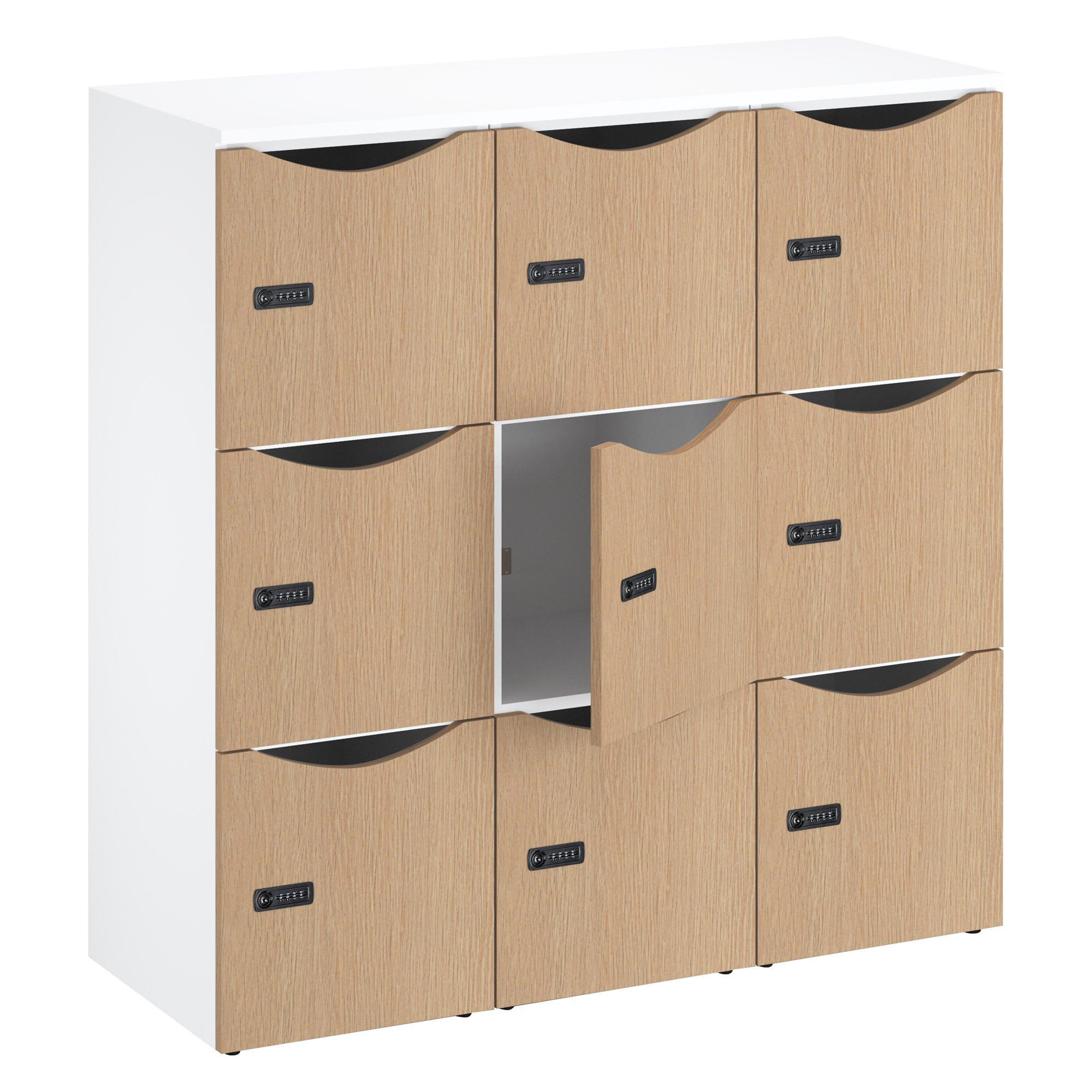 Casier bureau lockers 9 cases corps blanc - H 132,9  cm - portes mélaminées - serrure à code + clé de secours