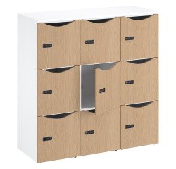 Office locker cabinet 9 compartments white body - H 132.9 cm - melamine doors - code lock + emergency key