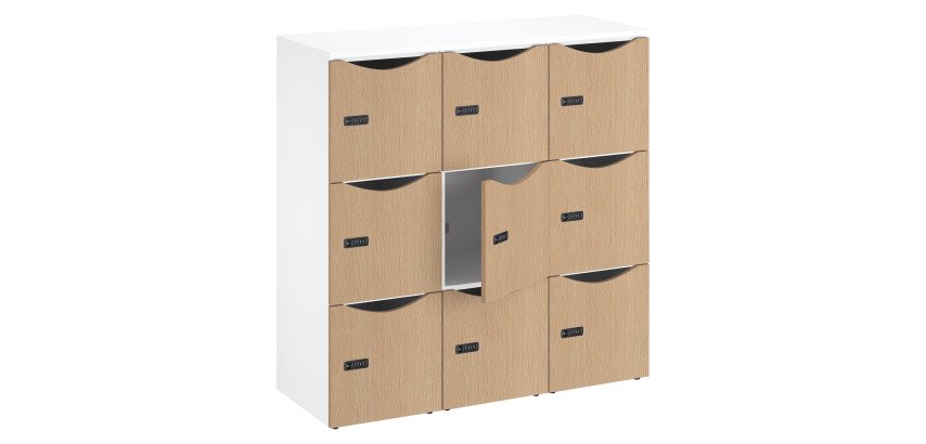 Office wooden locker 9 compartments white body - H 132.9 cm - melamine doors - code lock + emergency key