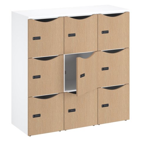 Casillero de oficina con 9 compartimentos, cuerpo blanco - Altura 132,9 cm - puertas de melamina roble