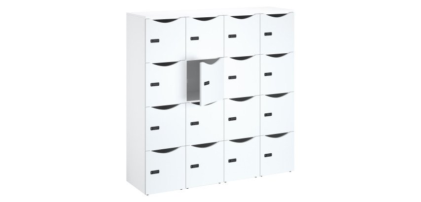 Office cabinet wooden lockers 16 compartments white body - H 170.9 cm - melamine doors - code lock + emergency key