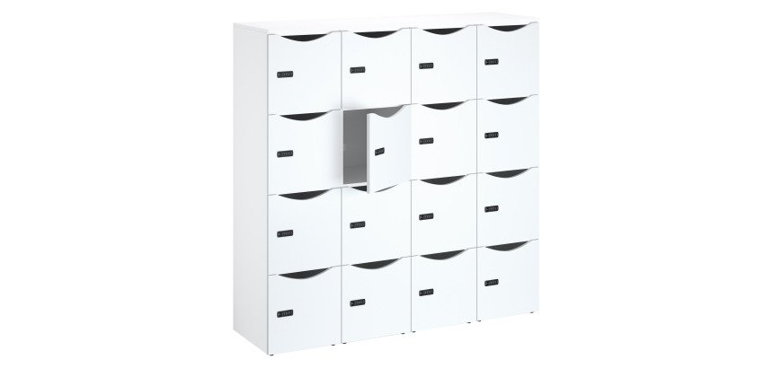 Casillero de oficina, taquillas 16 compartimentos, cuerpo blanco - Altura 170,9 cm - puertas de melamina - cerradura con código + llave de repuesto