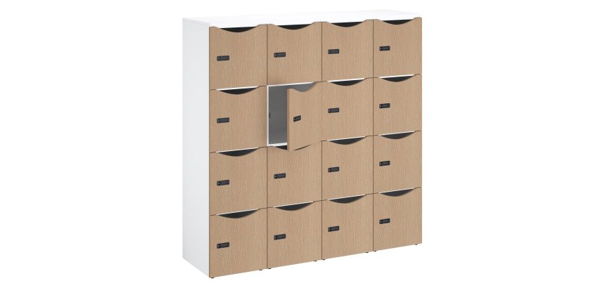 Casier bureau lockers 16 cases corps blanc - H 170,9 cm - portes mélaminées - serrure à code + clé de secours