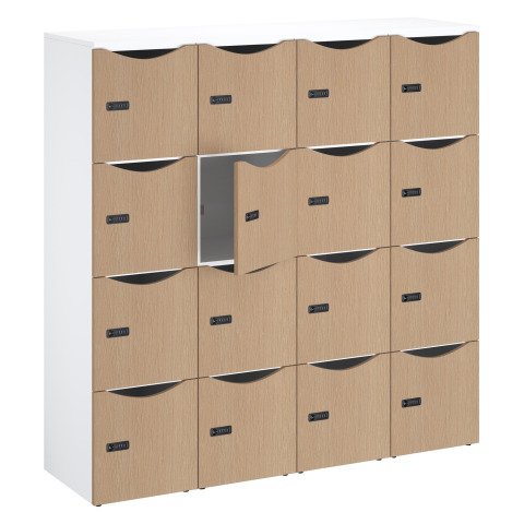 Casillero de oficina, taquillas 16 compartimentos, cuerpo blanco - Altura 170,9 cm - puertas de melamina roble
