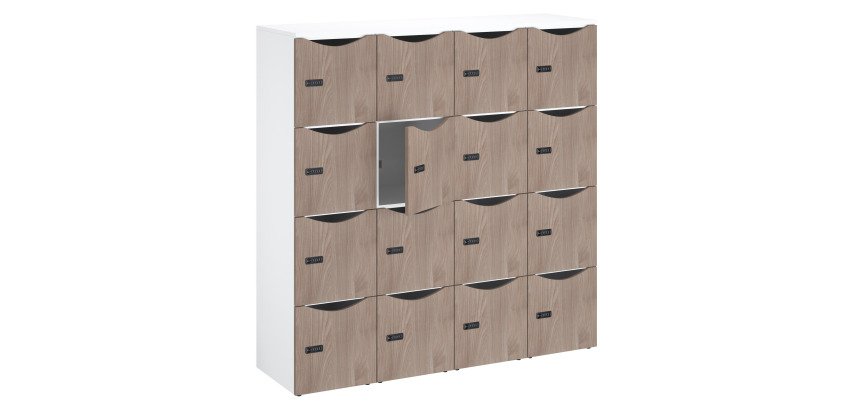 Büroschrank Holz Schließfächer 16 Fächer weißer Korpus - H 170,9 cm - melaminierte Türen - Zahlenschloss + Notschlüssel