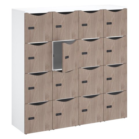 Casillero de oficina, taquillas 16 compartimentos, cuerpo blanco - Altura 170,9 cm - puertas de melamina olmo