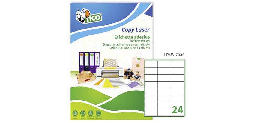Etichette autoadesive Tico in carta bianca 70 x 36 24 etich/foglio 2400 etich/pacco