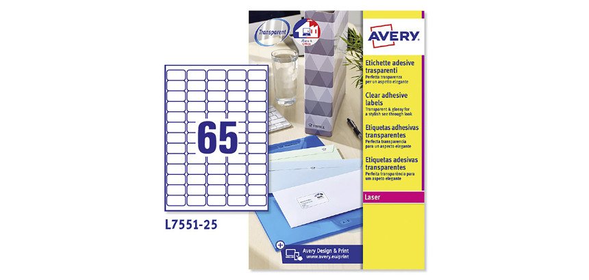 Etichette autoadesive Avery in poliestere trasparente 38,1 x 21,1 65 etich/foglio 1625 etich/pacco