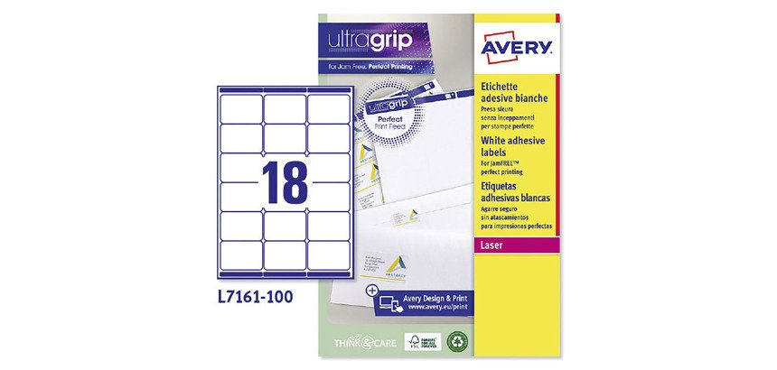 Etichette adesive Avery in carta bianca 63.5 x 46.6 18 etich/foglio 1800 etich/pacco