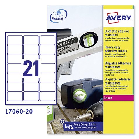 Etichette autoadesive Avery in poliestere bianco 63,5 x 38,1 21 etich/foglio 420 etich/pacco