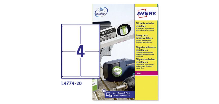 Etichette autoadesive Avery in poliestere bianco 99,1 x 39 4 etich/foglio 80 etich/pacco