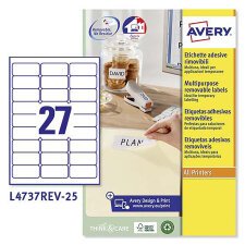 Etichette adesive rimovibili Avery in carta bianca riciclata 63,5 x 29,6mm 27 etich per foglio, adesivo rimobiile,  laser e inkjet, 25 fogli