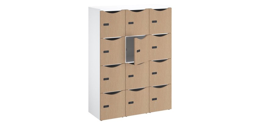 Casier de bureau bois Lockers 12 cases corps blanc porte mélaminée H 170,9 cm - serrure à code + clé de secours