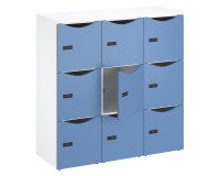 Casillero de oficina con 9 compartimentos, cuerpo blanco, altura 132,9 cm, puertas lacadas, cerradura con código + llave de repuesto