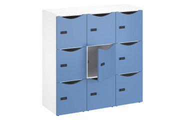 Casillero de oficina con 9 compartimentos, cuerpo blanco, altura 132,9 cm, puertas lacadas, cerradura con código + llave de repuesto